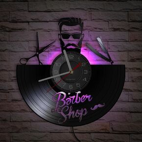 12 Inch Barber Shop LED Wall Clock with 7 Luminous Modes, Silent Non Ticking Hipster Men Vintage Decorative Analog Vinyl Record Wall Clock Watch for Hair Salon Decor Hairdressers Gift