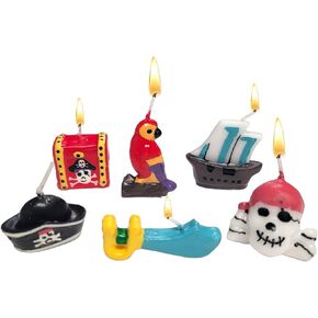 Pirate Themed Birthday Cake Candles (Set of 6) Treasure Chest, Skull, Sword, Pirate Hat, Pirate Ship and a Parrot. Great Cupcake Topper Candle (1 Set)