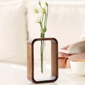 Transprent Glass Vase Test Tube Vase Hydrophilic Plants Vase Plant Holder Walnut Wooden Frame Flower Stand Table Garden Bonsai Decor,Gifts for Women, Home Office Decor Planter (Small)