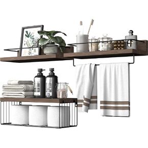 Bathroom Shelves Over Toilet for Wall, Floating Shelves with Storage Basket Paper Holer for Kitchen Living Room, Bedroom & Classroom, Set of 3 (Dark Brown)