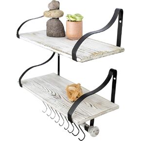 Wall Mounted Floating Spice Shelves with Towel Bar and Removable Hooks, Solid Wood, Rustic Shelving Storage, for Kitchens, Bathrooms and More, Farmhouse Wall Décor, 16.75" Long x 7.5" (White Washed) in Kuwait