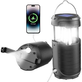 ضوء تخييم LED 5000 مللي أمبير يعمل بالطاقة الشمسية/ كرنك يدوي/ USB-C أضواء تخييم قابلة لإعادة الشحن، مصباح يدوي قابل لإعادة الشحن، ضوء بقاء محمول مقاوم للماء لحالات انقطاع التيار الكهربائي في المنزل في حالات الطوارئ