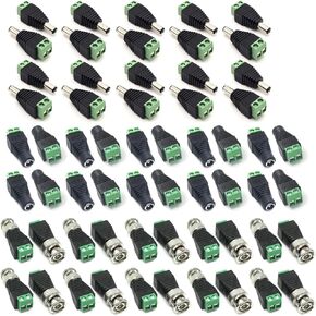 20Pc Male and 20Pc Female 2.1x5.5mm DC Power Cable Jack Adapter Connector Plug Led Strip CCTV Camera Use 12V+20Pc Coaxial Camera Vedio BNC Male Balun Connector for Coax CAT5 to CCTV(60 Pc)