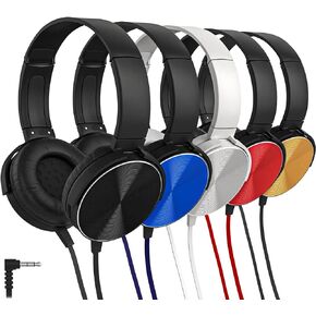 Maeline Classroom Headphones Bulk 5 Pack, Student On Ear Comfy Swivel Headset for School, Library, Airplane, for Online Learning, Travel, Stereo Sound 3.5mm Jack, Red, Black, Blue, White, Yellow