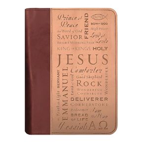 Names of Jesus Bible Cover, Zippered, Italian Duo-Tone Imitation Leather, Brown/Tan, Extra Large