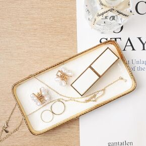 Ceramic Gold Jewelry Tray Decorative Tray,Trinket Dish,Key Tray,Vanity Tray for Bathroom,Ceramic Ring Holder,Chrismas Birthday for Woman White and Gold 6.3 * 3.1“