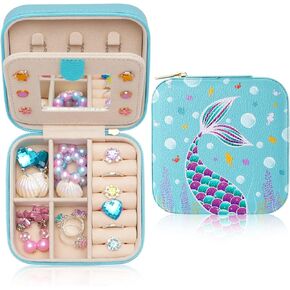 Girls Jewelry Box Blue Mermaid Jewelry Box Kids Travel Jewelry Case with Mirror, Mermaid Gifts Girls Birthday Gifts Jewelry Organizer for Display Storage Ring, Pendant, Earring, Necklace, Bracelet