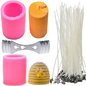 Buytra 2 Pack Cylinder 3D Bee Honeycomb Beehive Silicone Candle Molds with 50pcs Candle Wicks and Centering Device for Homemade Beeswax Candle Making Supplies, Soaps, Lotion Bars etc
