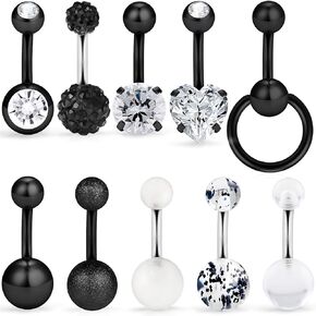 ftovosyo 8-10 قطع 14 جرام تتدلى حلقات زر البطن القصيرة للنساء الفتيات المسمار السرة الحديد واضح تشيكوسلوفاكيا الاكريليك الصلب الجراحية ثقب المجوهرات الجسم in Kuwait