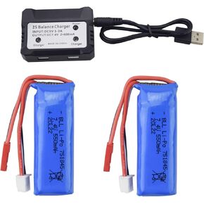 Fytoo 2PCS 7.4V 550mAh Lithium Battery with 2 in 1 Charger for wltoys K969 K979 K989 K999 P929 P939 284131 high Speed Remote Control car Accessories high Rate Lithium Battery