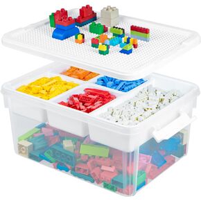 Creahaus 17 QT Toy Storage Organizer Box with Baseplate Lid, Clear Plastic Storage Containers, Stackable Craft Organizers and Storage Bins for Organizing Building Blocks, Art Supplies, Bead (Clear)