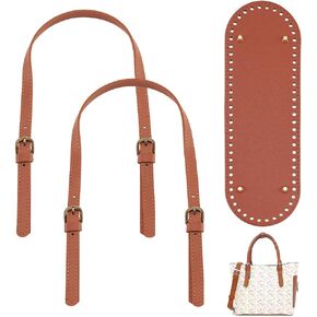 PH PandaHall 26.4~27.9 Inch Sew On Leather Bag Handles, Woven Crochet Bottom, Camel Handbag Short Shoulder Strap with Adjustable Buckle Purse Strap for DIY Purse, Shoulder Bag and Handbag Making