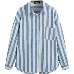 CIDER Santorini Beach Vacation Linen-Blend Collar Striped Pocket Long Sleeve Shirt