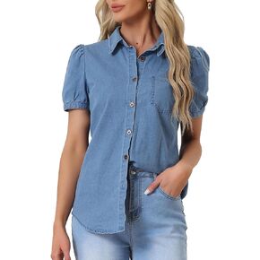 Allegra K Women's Denim Shirt Collared Short Puff Sleeve Chest Pocket Button Up Shirt