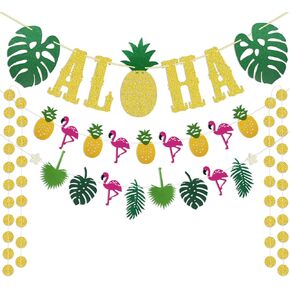 Hawaiian Aloha Party Decorations Large Gold Glittery Aloha Banner and Flamingle Pineapple Garland For Luau Party Supplies Tropical Theme Summer Beach Pool Party Decorations Luau Birthday