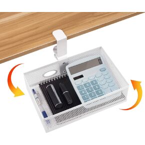 【360 degree rotation】 under desk drawer Clamp-on Swivel Alloy Steel Drawer Hidden Desktop Organizer Pen Holder Easy to Instal/High capacity/desk drawer desk accessories (Square-White)