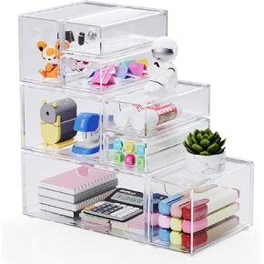 Acrylic Makeup Organizer with 8 Drawers, Clear Desk Drawers, Stackable Acrylic Organizer Drawers for Office Storage, Cosmetic, Art Supplies, Jewelry, and Stationery Storage Bins Organizer Drawers