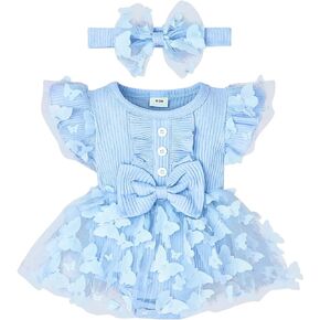 Baby Girl Clothes Summer Short Sleeves Clothes Cute Tulle Butterfly Ruffle Romper Bodysuit Headband 0-18 Months