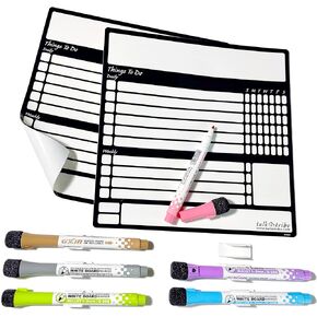Reusable Peel and Stick Whiteboard for Adult and Teen Chores. (2 Pack with Fine Tip Pens)
