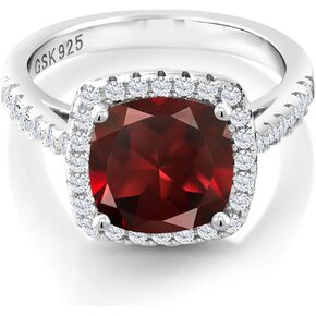 Gem Stone King 925 Sterling Silver Red Garnet and White Created Sapphire Ring For Women (3.10 Cttw, Cushion Cut 8MM, Gemstone Birthstone, Available In Size 5,6,7,8,9)