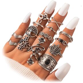 Silver Knuckle Stacking Rings Set for Women Vintage Boho Flower Statement Rings for Teen Girls Gothic Chunky Joint Finger Stacked Nail Ring Gift