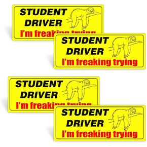 4PCS Student Driver Magnet Car Sloth Sticker, Funny Reusable Removable Vehicle Bumper Sign Stickers for New Drivers, Automotive Exterior Accessories for Safety Warning Red and Yellow Reflective Signs