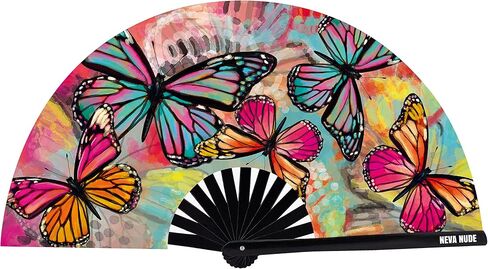 Neva Nude Rave Folding Hand Fan - UV Blacklight Reactive Handheld Fan with Drawstring Case | Perfect for Summer Festivals, Raves, Carnivals, Concerts, & Parties | Made in USA (Butterfly Garden) in Kuwait