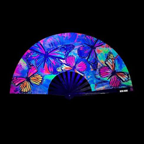Neva Nude Rave Folding Hand Fan - UV Blacklight Reactive Handheld Fan with Drawstring Case | Perfect for Summer Festivals, Raves, Carnivals, Concerts, & Parties | Made in USA (Butterfly Garden) in Kuwait