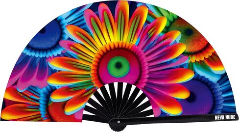 Neva Nude Rave Folding Hand Fan - UV Blacklight Reactive Handheld Fan with Drawstring Case | Perfect for Summer Festivals, Raves, Carnivals, Concerts, & Parties | Made in USA (Butterfly Garden) in Kuwait