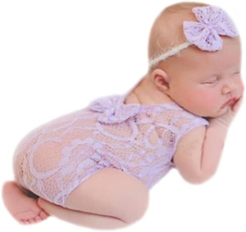 الوليد طفلة التصوير الدعائم وتتسابق لطيف القوس غطاء الرأس الدانتيل رومبير الطفل صور تبادل لاطلاق النار الدعائم الأرجواني 0-2 شهر in Kuwait