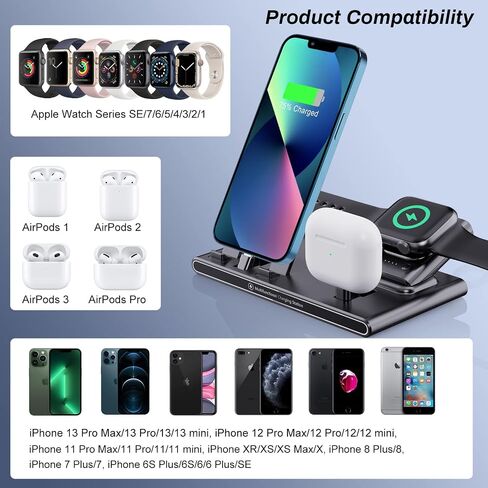قاعدة شحن لأجهزة iPhone، مع شاحن ساعة محمول بقدرة 1800 مللي أمبير في الساعة متوافق مع Apple Watch Ultra 2/9/8/7/SE/6/5، حامل شحن لهاتف iPhone 15 Pro/14/13/12/11 Series/8 Plus، ايربودز برو 2 in Kuwait