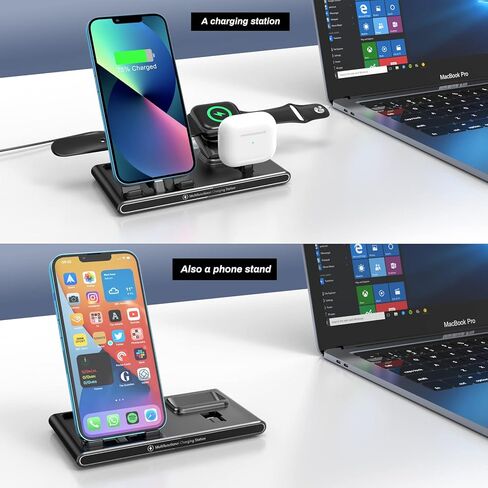 قاعدة شحن لأجهزة iPhone، مع شاحن ساعة محمول بقدرة 1800 مللي أمبير في الساعة متوافق مع Apple Watch Ultra 2/9/8/7/SE/6/5، حامل شحن لهاتف iPhone 15 Pro/14/13/12/11 Series/8 Plus، ايربودز برو 2 in Kuwait
