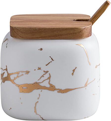 Marble Ceramics Sugar Bowl Ceramic Seasoning Box Ceramic Spice Jars Porcelain Condiment Pots with Lid and Spoon (Black) in Saudi Arabia