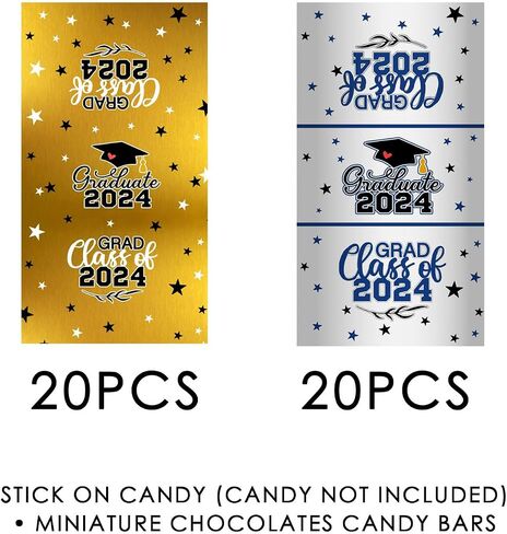 40 x Graduation Mini Candy Bar Wrapper Label Stickers Graduation Chocolate Candy Stickers Grad Party Decor Favor Class of 2024 Table Decor Chocolate Bar Labels (Blue+Grey) in Saudi Arabia