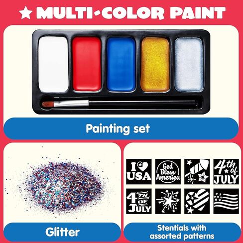 JOYIN 5 Colors Patriotic Face Paint Kit with Glitter and 16 Pcs Stencils Sticker for Kids, 4th of July Face Paint Red White Blue Face Paint for Independence Day, Memorial Day Party, Veterans Day in Saudi Arabia