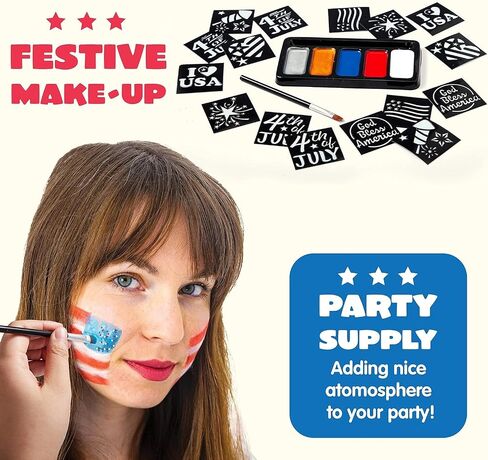 JOYIN 5 Colors Patriotic Face Paint Kit with Glitter and 16 Pcs Stencils Sticker for Kids, 4th of July Face Paint Red White Blue Face Paint for Independence Day, Memorial Day Party, Veterans Day in Saudi Arabia