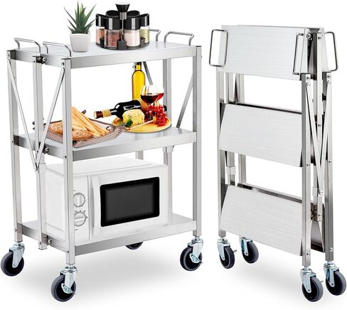 Portable Folding Service Cart, 3 Shelf Stainless Steel cart, 3 Stainless Steel Shelves Up to 440 lbs Load Capacity, Folding Collapsible Service Cart for Office Home Warehouse in Saudi Arabia