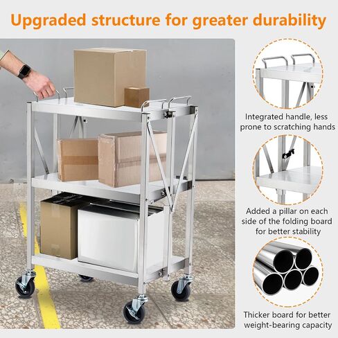 Portable Folding Service Cart, 3 Shelf Stainless Steel cart, 3 Stainless Steel Shelves Up to 440 lbs Load Capacity, Folding Collapsible Service Cart for Office Home Warehouse in Saudi Arabia