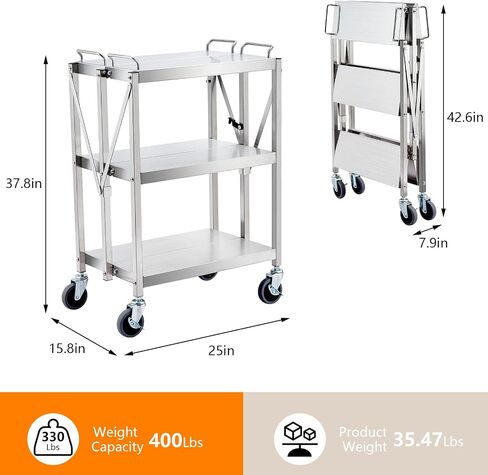 Portable Folding Service Cart, 3 Shelf Stainless Steel cart, 3 Stainless Steel Shelves Up to 440 lbs Load Capacity, Folding Collapsible Service Cart for Office Home Warehouse in Saudi Arabia