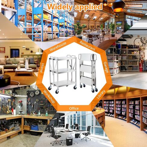 Portable Folding Service Cart, 3 Shelf Stainless Steel cart, 3 Stainless Steel Shelves Up to 440 lbs Load Capacity, Folding Collapsible Service Cart for Office Home Warehouse in Saudi Arabia