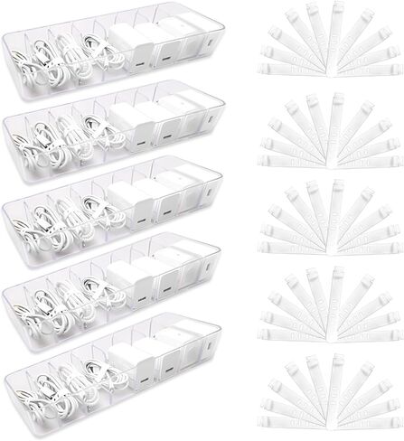 5 قطع من البلاستيك الشفاف لسلك الشاحن صندوق منظم لصناديق تخزين كابلات الشاحن الإلكتروني مع 50 سلكًا منظمًا لسلك الطاقة لدرج المنزل ومنظمات مكتب المكتب وملحقاتها in Kuwait