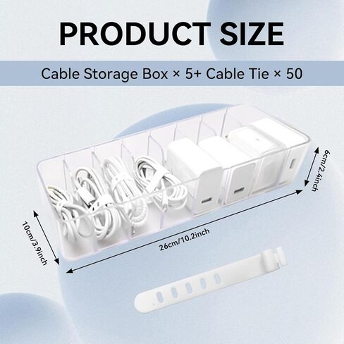 5 قطع من البلاستيك الشفاف لسلك الشاحن صندوق منظم لصناديق تخزين كابلات الشاحن الإلكتروني مع 50 سلكًا منظمًا لسلك الطاقة لدرج المنزل ومنظمات مكتب المكتب وملحقاتها in Kuwait