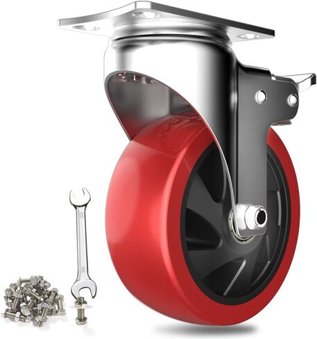 عجلات دوارة مقاس 5 بوصات مع قفل مزدوج آمن وعجلات من رغوة البولي يوريثان لا تصدر ضوضاء، شديدة التحمل - 350 رطلًا لكل عجلة حمراء (عبوة من 4 قطع) in Kuwait