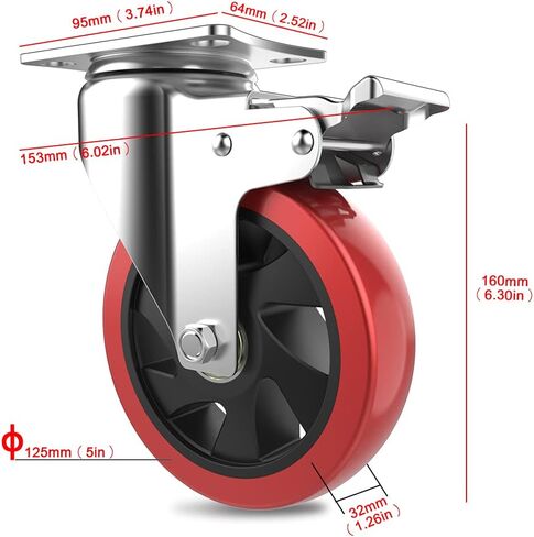 عجلات دوارة مقاس 5 بوصات مع قفل مزدوج آمن وعجلات من رغوة البولي يوريثان لا تصدر ضوضاء، شديدة التحمل - 350 رطلًا لكل عجلة حمراء (عبوة من 4 قطع) in Kuwait