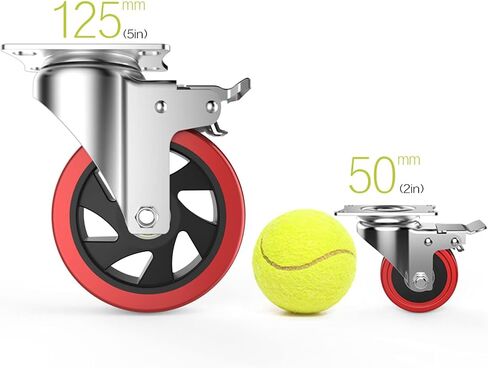 عجلات دوارة مقاس 5 بوصات مع قفل مزدوج آمن وعجلات من رغوة البولي يوريثان لا تصدر ضوضاء، شديدة التحمل - 350 رطلًا لكل عجلة حمراء (عبوة من 4 قطع) in Kuwait