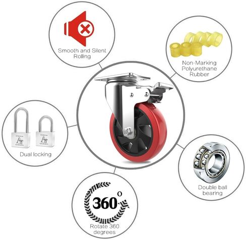 عجلات دوارة مقاس 5 بوصات مع قفل مزدوج آمن وعجلات من رغوة البولي يوريثان لا تصدر ضوضاء، شديدة التحمل - 350 رطلًا لكل عجلة حمراء (عبوة من 4 قطع) in Kuwait