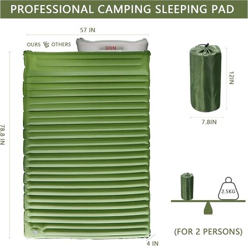 Double Sleeping Pad for 2 Person, Self Inflating Camping Mattress with Pillow, Portable Camping Bed Built-in Foot Pump for Backpacking, Hiking & Travel - Mat Carry Bag in Saudi Arabia