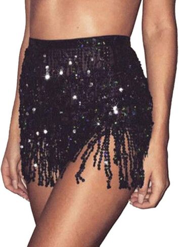 Kakaco الترتر هامش تنورة سباركلي البطن الورك التنانير شرابة الرقص وشاح الورك ديسكو الهذيان تنورة زي للنساء والفتيات in Kuwait