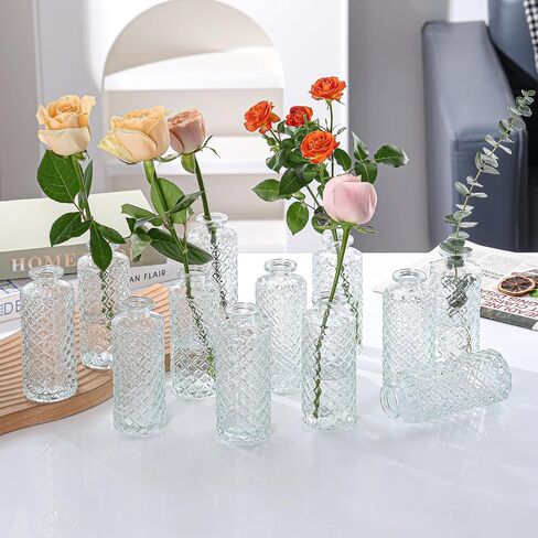 Glass Bud Vases Set of 12, Small Diamond Bud Vases in Bulk, Mini Flower Vases for Centerpieces, Vintage Vase for Table Decorations, Wedding, Office, Recepetion, Home Decor.(Clear) in Saudi Arabia