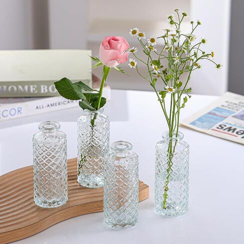 Glass Bud Vases Set of 12, Small Diamond Bud Vases in Bulk, Mini Flower Vases for Centerpieces, Vintage Vase for Table Decorations, Wedding, Office, Recepetion, Home Decor.(Clear) in Saudi Arabia